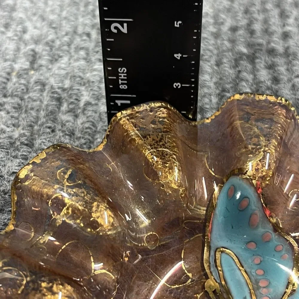 Butterfly Dish Glass 5.5” Ashtray Ruffled Trinket Holder Handpainted Blue‎ Brown